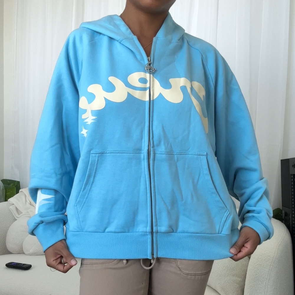 Light blue zip up with satin hoodie